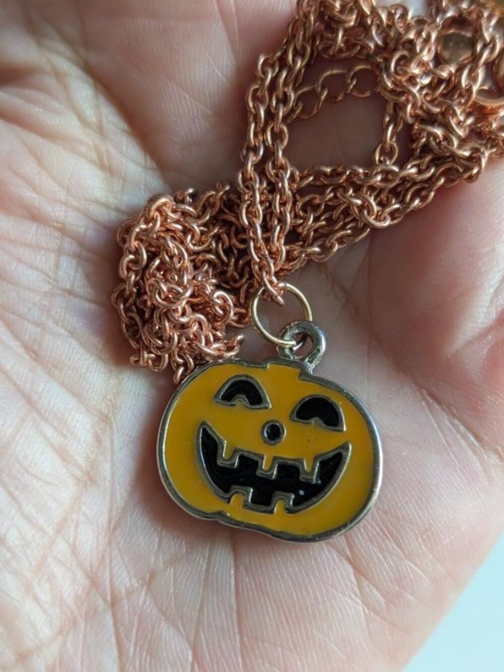Vintage Halloween Smiling Face Enamel Pumpkin Pendant on a Cupper Chain
